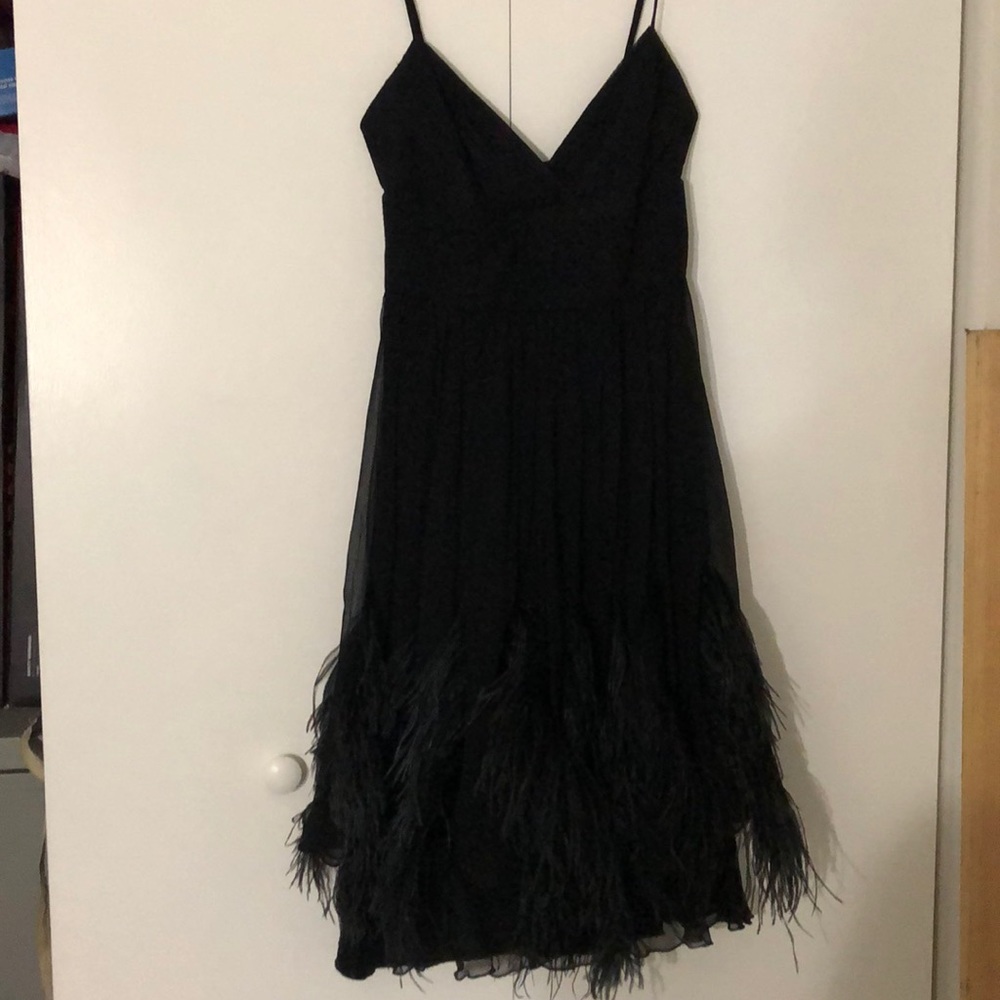 BCBG MaxAzria black chiffon silk dress w/feathers